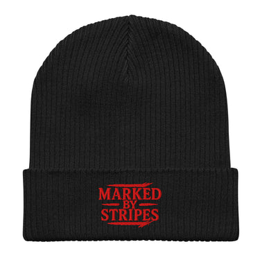 Marked by Stripes black Christian beanie – red embroidered cuffed design in organic cotton